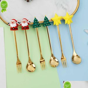 Ensembles de vaisselle Nouveau 2pcs cuillère et fourchette de Noël cuillères à café en acier inoxydable dessert maison année vaisselle décor enfants drop livraison dhfls