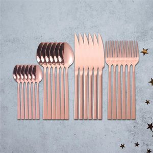 Juegos de vajilla de cocina de oro rosa, juego de cubiertos con luz brillante, cucharas de comedor de acero inoxidable, tenedores, vajilla de 24 piezas