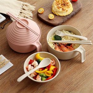 Ensembles de vaisselle avec couvercle cuillère fourchette Style coréen polyvalent étudiant boîte à déjeuner nouilles instantanées tasse bol soupe Bento