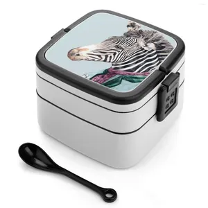 Cinebidero Zebra Blue Bento Box Almuerzo portátil Contenedor de almacenamiento de paja de trigo Animales de retrato de animales en guardería Safari