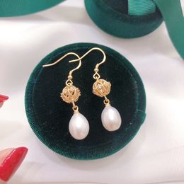 Boucles d'oreilles en perles d'eau douce naturelles, or 14K, matériau d'injection, style palais, boule de soie creuse, vente directe