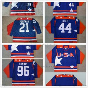 Retro Movie 2017th The Mighty Ducks D2 Equipo EE. UU. Camisetas de hockey Cosido vintage 96 Charlie Conway 21 Dean Portman 44 Fulton Reed Jersey Bordado azul Logotipos