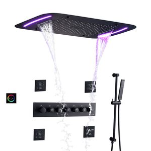 Système de douche thermostatique noir mat ensemble de robinets brossés en acier inoxydable cascade LED pommeau de douche pluie jets de pulvérisateur de corps en laiton