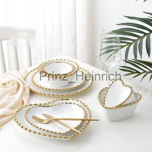 Dishes Plates Luxury Ceramic Dinnerware Round Heart Shaped Dessert Plate Dinner Plates White Bowls with Gold Rim Family Household Tableware J230626