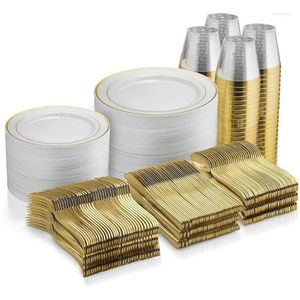 Plats Assiettes Munfix 600 pièces Ensemble de vaisselle en plastique doré jetable - 100 jantes 10 pouces et 7 livraisons de goutte Maison Jardin Cuisine Din Dhheo