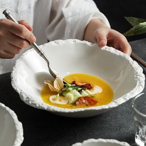 Bol pointu en céramique blanche, assiettes, assiettes, grain de roche, soupe, nouilles, vaisselle de haute qualité, salade, grand 230825