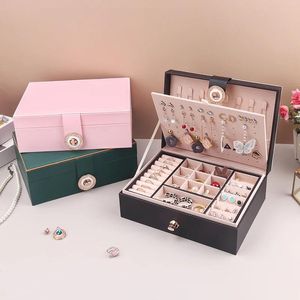 Caja de almacenamiento de joyería de cuero PU con tapa abatible transparente, organizador de cajón de doble capa para pendientes, anillos, collares, estuche de joyería