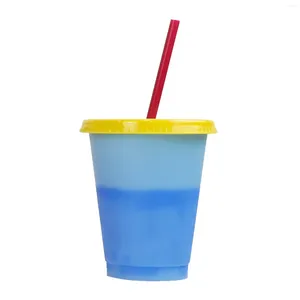 Vasos desechables Pajitas 16 oz Taza que cambia de color de plástico de una sola capa Bebida para niños Té de frutas Paja termocrómica Taza joven y hambrienta
