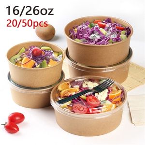 Vasos desechables Pajitas 20/50 piezas Tazones de papel Kraft Tazón de ensalada de frutas Envases de alimentos Para llevar Favor de fiesta 16 / 26 oz Con tapa 221007