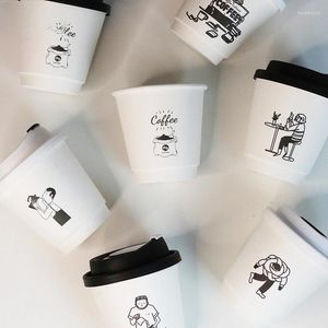 Gobelets jetables pailles café boisson tasse en papier épaissi avec couvercle emballage à emporter en plastique ménage étanche