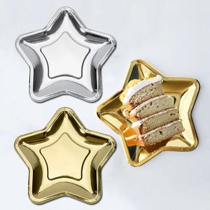 Disposable Dinnerware 10pcs Disposable Paper Plate Golden Silver Five-pointed Star Year Birthday Wedding Party Bar el Feast Banquet Decoration 231213