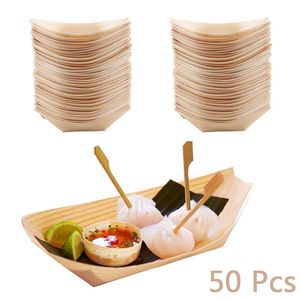 Vaisselle jetable 50/100 pièces bateau en bois de sushi jetable bateau à sushi en bambou naturel bateau à gâteau en bois de pin salade bol à dessert tapis plateau à sushi 230920