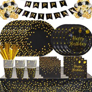 Vaisselle jetable noir or anniversaire vaisselle jetable ensemble assiettes en papier tasses serviettes nappe adulte joyeux anniversaire fête décoration mariage 231213