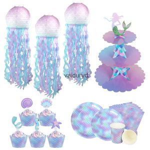 Disposable Dinnerware Mermaid Jellyfish Paper Lantern plate cup banner Little Mermaid theme Princess baby Girl Under The Sea Birthday Party Decorationvaiduryd