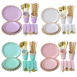 Disposable Dinnerware Purple Mint Green Pink Paper Tableware Set Plate Napkin Cup Knife Fork Wedding Anniversary Birthday Party Supplies Z0520