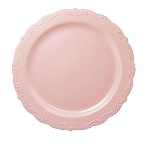 Vajilla desechable, vajilla, platos de cena blancos y rosas, plato de plástico adecuado para cumpleaños, suministros para banquetes de boda, venta al por mayor