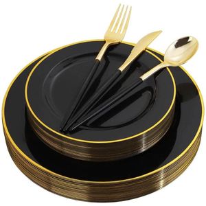 Vajilla desechable blanca, negra, rosa, 50 piezas, bandeja de plástico dorada con cubiertos de plata, juego de platos, restaurante, suministros para fiestas de bodas