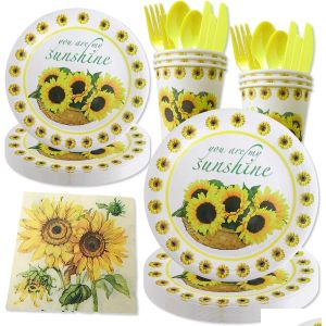 Couverts jetables Assiettes en papier de fleurs Fournitures de fête florale Ensemble de vaisselle d'anniversaire de tournesol Service de douche de bébé pour 10 invités Incl Dhvhz