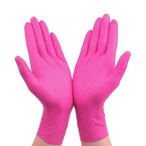 Guantes desechables de látex de caucho de nitrilo, universales, para limpieza del hogar, jardinería, color morado y negro, color rosa, 100 Uds.