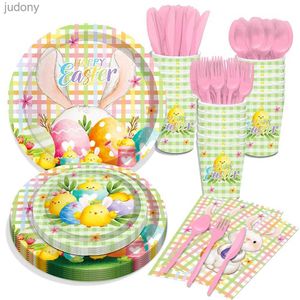 Varelle en plastique jetable Pâques Pâques Happy Cartoon Easter Rabbit Spring Birthday Party Disposable Table Set Cardboard serviettes Baby Shower Party WX