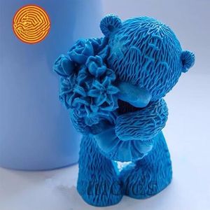 Bricolage 3D artisanat moules ours en peluche avec des fleurs forme animaux silicone moule noël gâteau décoration outils savon ustensiles de cuisson artisanat 240117