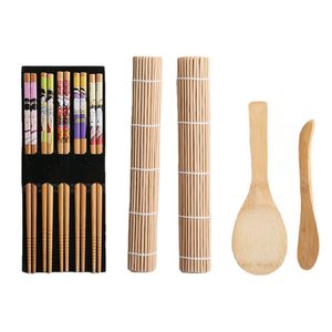 Ensemble de fabrication de sushis en bambou à faire soi-même, kits de fabrication de sushis au riz, outils de cuisine en rouleau, baguettes, cuillère, lame de sushi, rideau de sushi, 2 tapis roulants, 1 palette, 1 épandeur, 5 paires de baguettes.