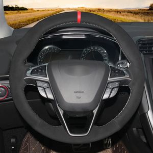 Housse de volant de voiture en daim synthétique noir bricolage cousue à la main pour Ford Mondeo Fusion 2013-2019 EDGE 2015-2019