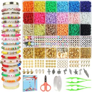 Kit de bracelets à faire soi-même, ensemble de perles en argile pour la fabrication de bijoux, fournitures de fabrication de bijoux, bohème Heishi, perles en argile polymère, coquille, étoile, anneau de saut, fermoir mousqueton, lettre, sourire, cœur, breloques, pendentif