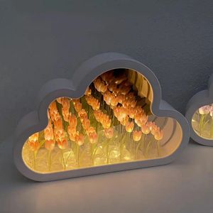 DIY Cloud Tulip LED Night Light Girl Bedroom Ornaments Creative Po Frame Mirror Table Lamps Bedside Handmade Birthday Gifts 240127