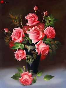 Peinture au diamant bricolage comme décoration murale de magasin ou de bureau, 5D HD Flower Canvas Paint-By-Number Full Diamonds Art Craft Kits - A Bunch Pink Rose WHfwe