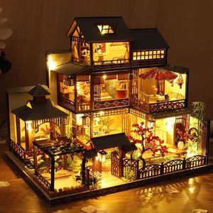 Bricolage maison de poupée jouets Architecture japonaise maison de poupée source chaude maison Style japonais simulé Villa jouet amant cadeau avec lampe Q0624