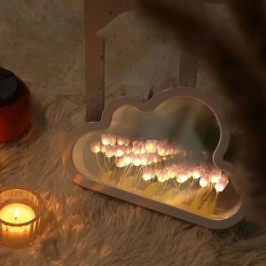 DIY Night Light Mirror Cloud Shape Tulip Lamp Creative Photo Frame Mirror for Girl Bedroom Ornaments Handmade Birthday Gift