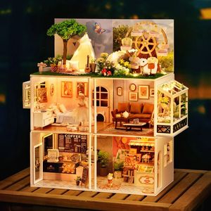 Kits miniatures de maison de poupée en bois bricolage avec meubles filles chambre café Casa maison de poupée jouets pour adultes cadeaux d'anniversaire 240304