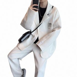 Dk Blazer Traje Conjunto Otoño Invierno de los hombres Guapo Coreano Casual Otoño Parche Diseño Conjunto de alta calidad Traje blanco Chaqueta Pantalones 15fR #