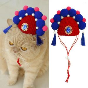 Vêtements de chien Chapeau de chat Cosplay Party Pet Festif Style d'opéra chinois Tricot élastique coupe-vent avec gland fausse perle décor pour chiens