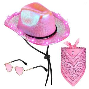 Vêtements de chien mignon Pet Po Props Western Cowboy Outfit Costume Ensemble avec chapeau de lumière LED Lunettes de lentille de coeur à lacets cou pour chat