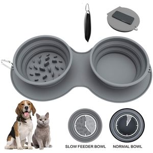 Cuencos para perros Alimentadores plegables de silicona para mascotas antideslizantes de doble uso con mosquetón comida portátil al aire libre 221114