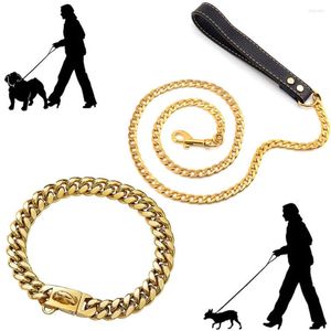 Collares para perros, correa dorada de 18 quilates para perros con traje de Collar, cadena de eslabones cubanos, acero inoxidable, seguridad para mascotas, mango de cuero PU para plomo