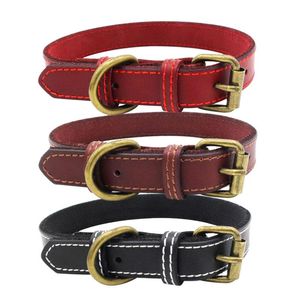 Colliers de chien laisses réglables en cuir véritable chiens chats collier doux pour animaux de compagnie avec boucle en cuivre rouge marron noir pour moyen petit