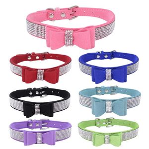 Collares para perros Correas Bling Rhinestone Cat Pajarita de cuero ajustable Gatito Cachorro Collar para mascotas pequeñas y medianas