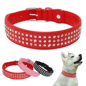 Collares para perros Correas Collar Rhinestone Crystal Big Large Leather Pet ajustable para perros medianos Red Pink BlackDog