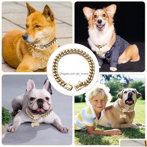 Colliers de chien Laisses Collier de chaîne en or 18 carats avec boucle sécurisée en acier inoxydable résistant à la mastication en métal robuste lien cubain pour moyen Lar Dhdui