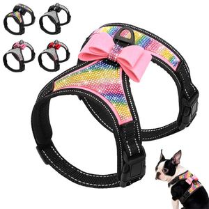 Collares para perros Correas Arnés reflectante para perros Nylon Pitbull Pug Pequeños perros medianos Arneses Chaleco Bling Rhinestone Bowknot Accesorios para perros Suministros para mascotas T221212