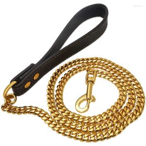 Collares para perros, correa de Metal, cadena de acero inoxidable, correa de oro de 18 quilates para mascotas con mango de cuero Pu suave para entrenamiento de caminar mediano y grande