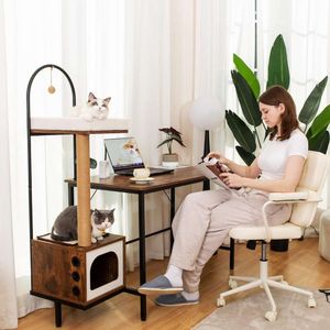 Doicah Tree dans un bureau d'ordinateur, Home Scratch Post vintage simple et condo chat, maison de chat, table de bureau de 51,6 pouces, lit de chat pour chats intérieurs, bureau de jeu avec
