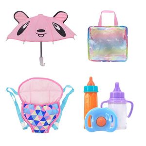 Les accessoires de poupée américaine mélangés à des bouteilles de bébé mignonnes bébé portant des parapluies et sortant des jeux de jouets pour enfants pour bébé