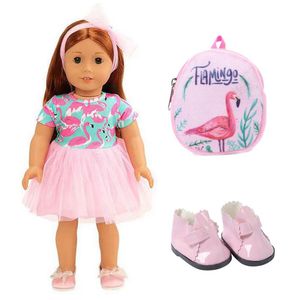 Robe de poupée pour les filles américaines Doll Robe Robe Pink + Pink Crane Backpack + Pink Shoes 18 pouces Doll Robe Accessories for Children's Gift