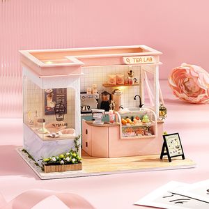 Accesorios para casa de muñecas DIY Kit en miniatura DIY Casas de muñecas de madera Muebles Estación de té Edificio con juguetes de polvo para niños Regalos de cumpleaños 221122