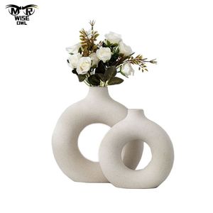 Donuts Flower Pot Nordic Circular Hollow Ceramic Vase Decoración del hogar Accesorios Oficina Escritorio Sala de estar Decoración interior Regalo 211103