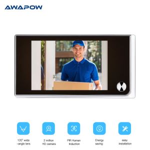 Sonnette de porte Awapow Video de 3,5 pouces Caméra de Puphole Caméra de porte 2 millions HD Cam 120 degrés Angle Cat Eye Viewer Smart Video Outdoor Door Bell